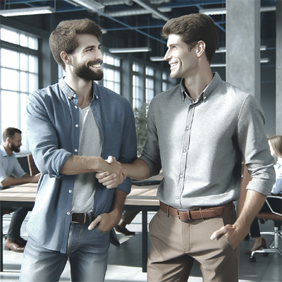 two businessmen in a casual office environment 