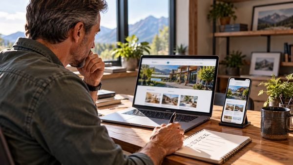 Business owner reviewing desktop and mobile website experience to improve lead conversion