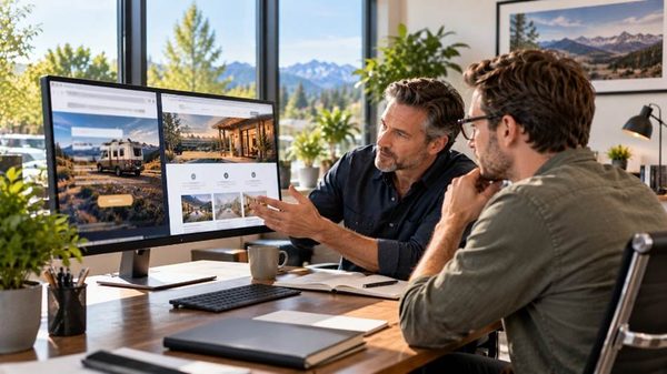 Client talking with owner about advertising campaign