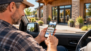 Customer using a mobile-friendly local business website on a smartphone while sitting in a parked pickup truck.
